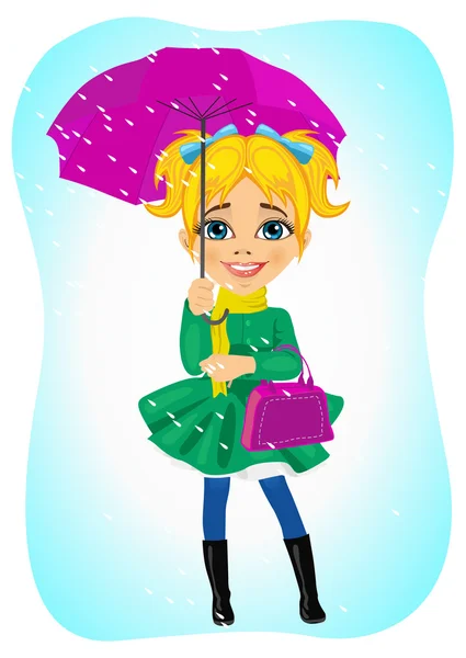 Little cute girl standing in autumn coat with purple umbrella in the rain — Stock Vector