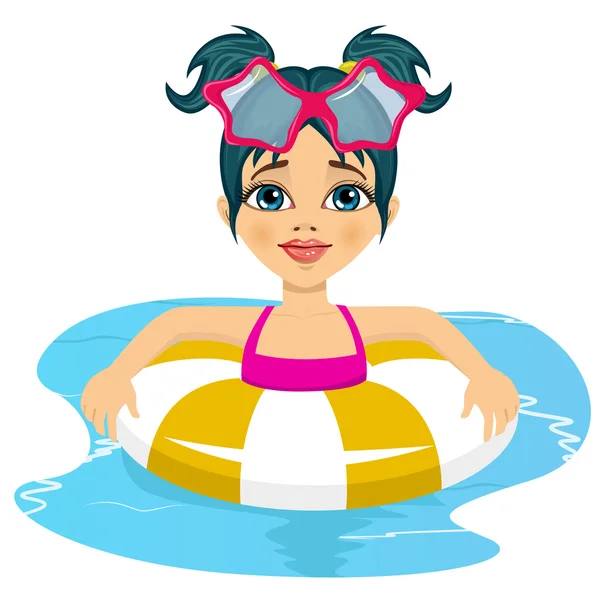 Niña feliz nadando en la piscina en el anillo inflable — Vector de stock