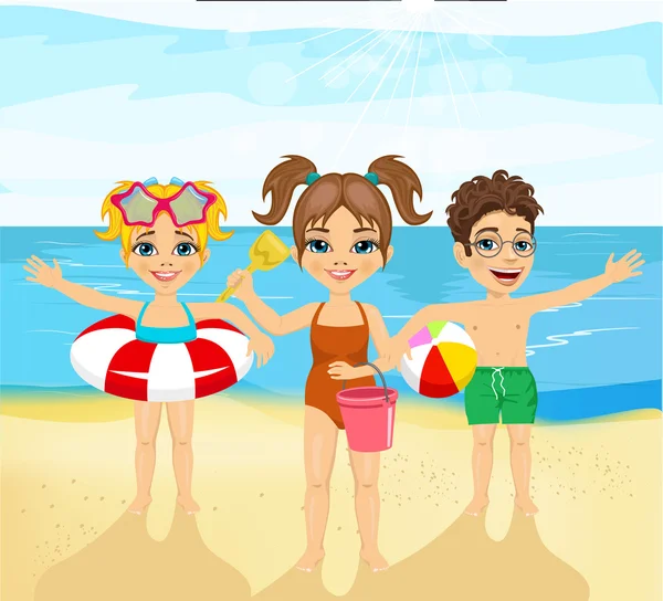 Παιδιά με φουσκωτά δαχτυλίδια, μπάλα, κουβά και φτυάρι στέκεται στην παραλία — Διανυσματικό Αρχείο