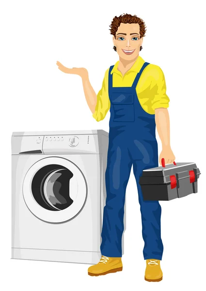 Reparatör hålla en verktygslåda och poserar bredvid tvättmaskin visar något — Stock vektor