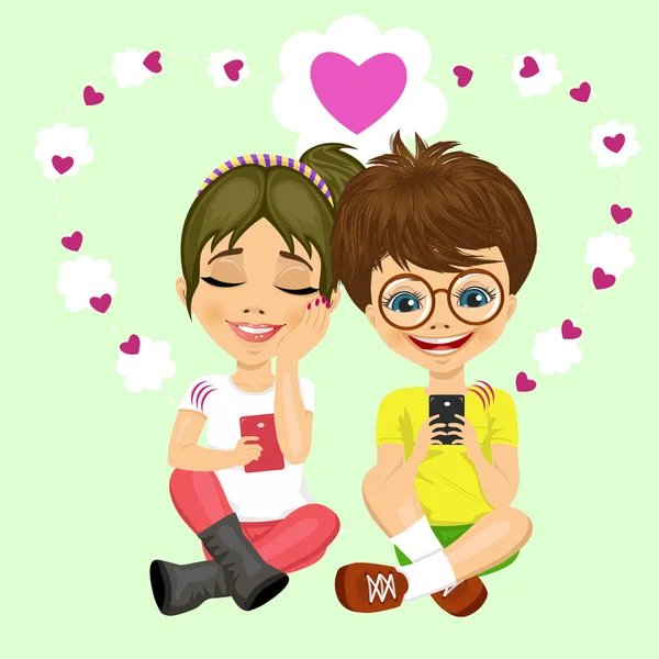 Joven adolescente chico con gafas y chica enviando mensajes de amor — Archivo Imágenes Vectoriales
