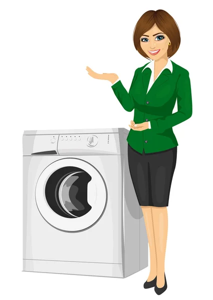 Mulher de vendas atraente mostrando uma máquina de lavar roupa com as mãos —  Vetores de Stock