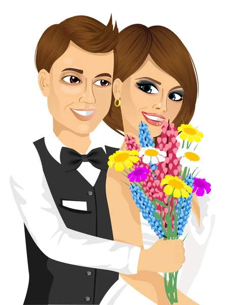 Noivo dando a sua noiva um buquê de flores —  Vetores de Stock