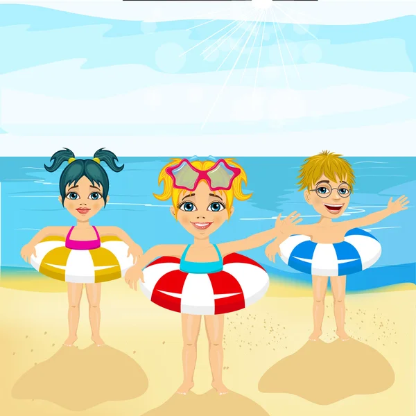 Niños con anillos inflables de pie en la playa — Vector de stock