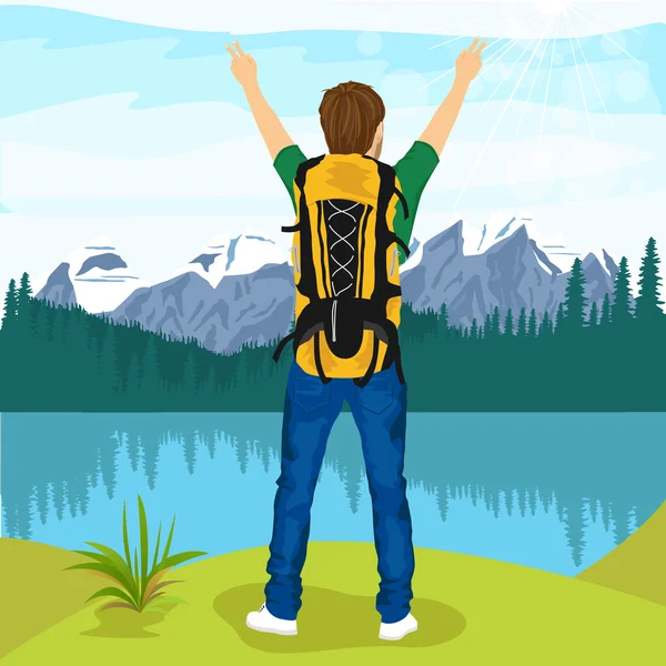 Young male hiker with his hands up enjoying mountain lake — Stock Vector