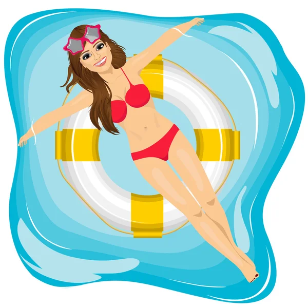 Attrayant jeune fille relaxant dans la piscine flottant sur un anneau gonflable — Image vectorielle