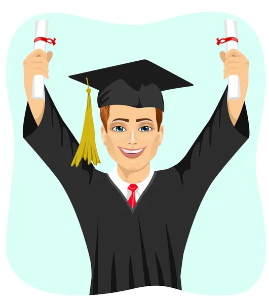 Young male student holding two diplomas with both hands on graduation day — Stock Vector
