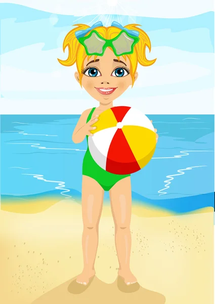 Liten flicka håller en uppblåsbar randig boll på stranden — Stock vektor