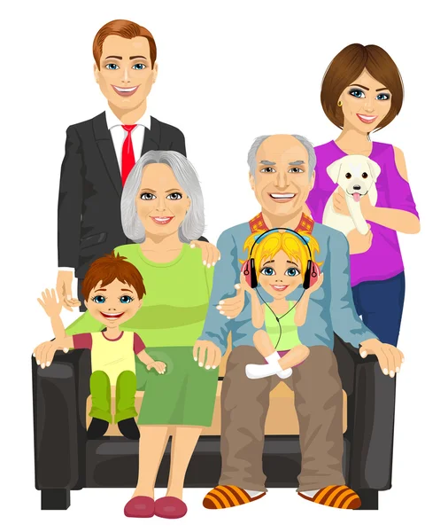 Веселая семья дома сидит на диване — стоковый вектор