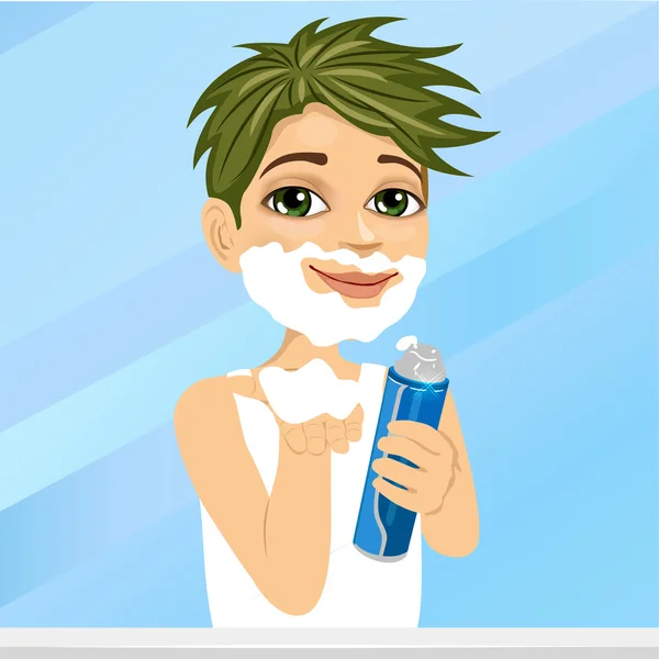 Adorable little boy pretending to shave holding shaving cream — Stock Vector