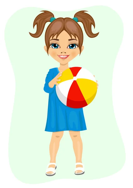 Little girl holding an inflatable striped ball — Stock Vector