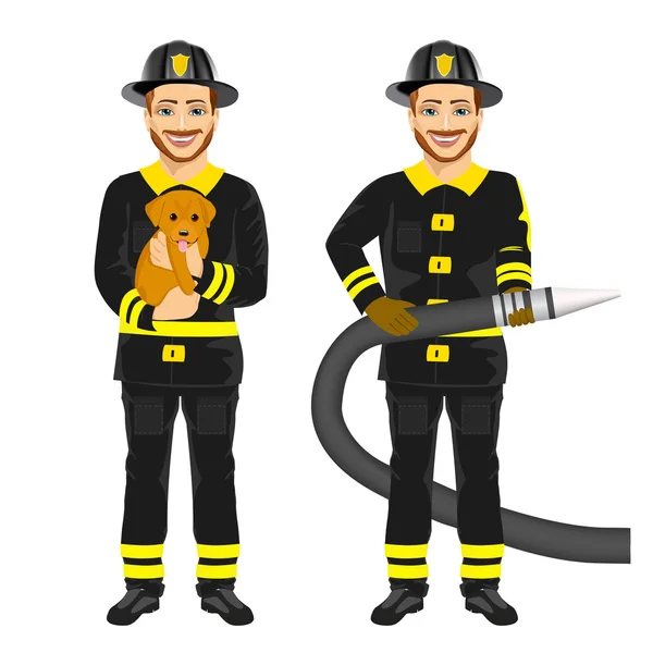 Deux pompiers heureux travaillant tenant tuyau et sauvant chien mignon — Image vectorielle