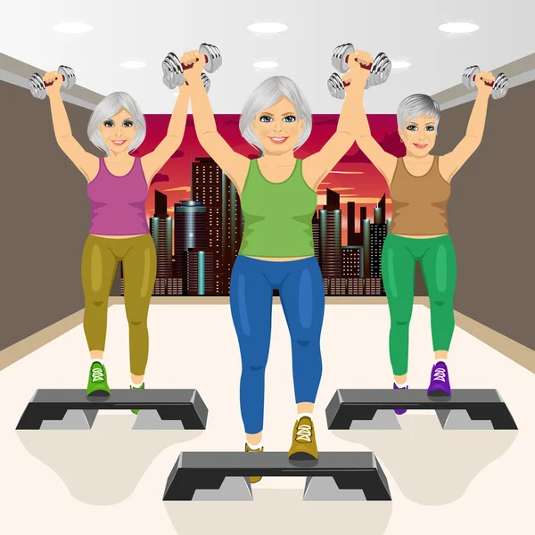 Tres mujeres mayores haciendo ejercicios aeróbicos en el gimnasio — Vector de stock