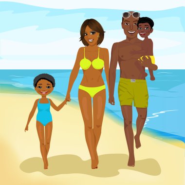 Afro-Amerikan aile plaj boyunca mutlu yürüme