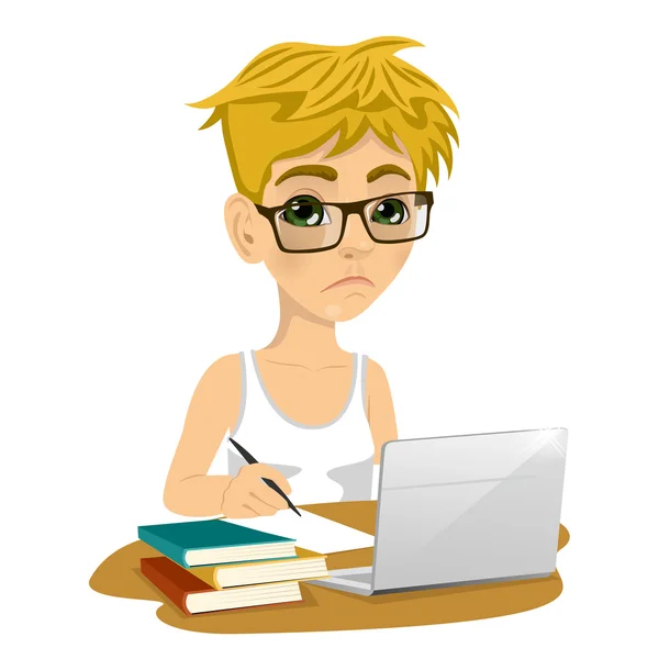 Несчастный подросток в очках делает домашнее задание с ноутбуком и книгами на столе — стоковый вектор