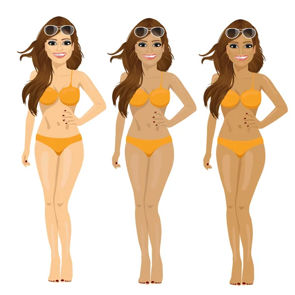 Brunetta in bikini che mostra toni abbronzanti da naturale a scuro abbronzatura — Vettoriale Stock