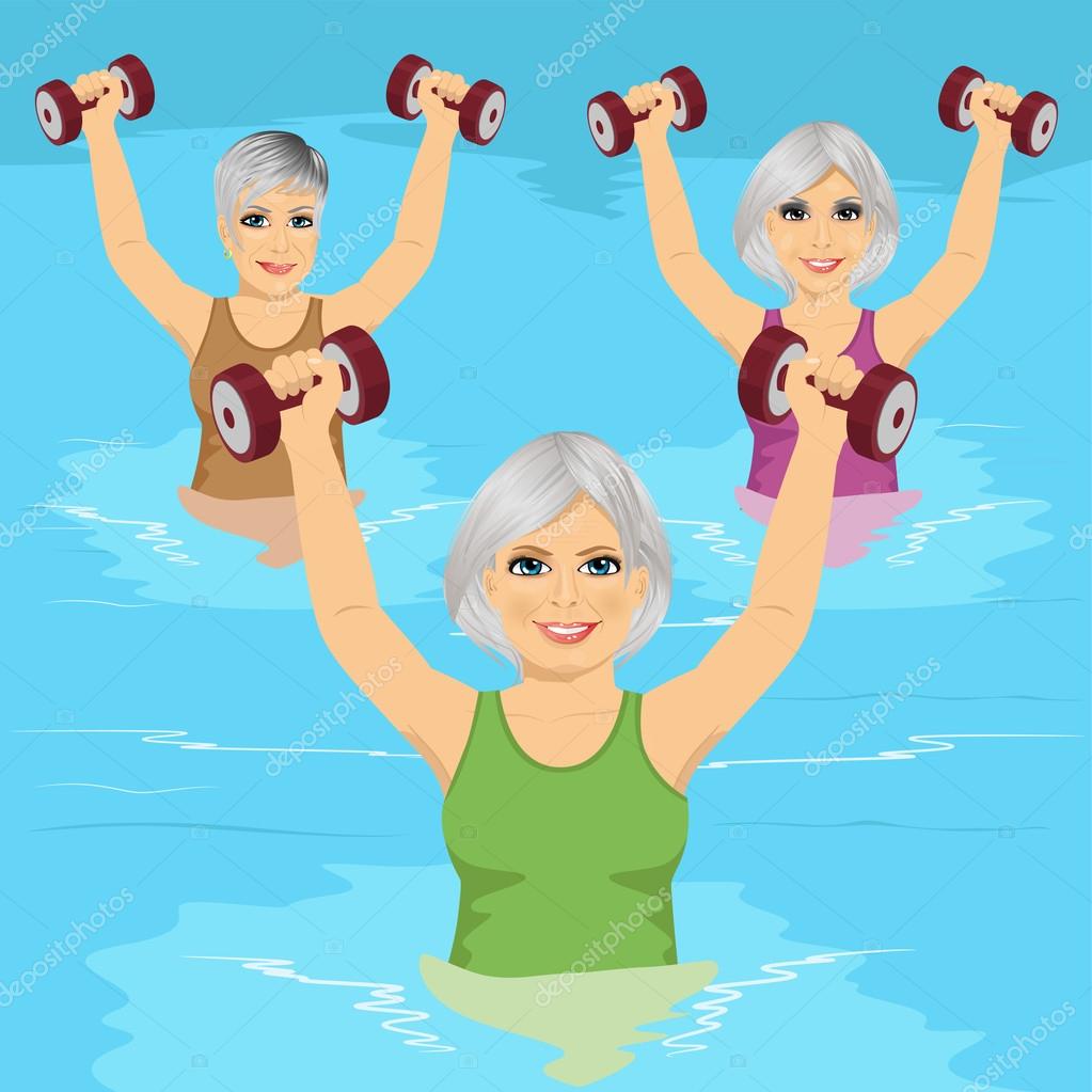 Wonderbaarlijk Senior women making aqua gym exercises with dumbbells in swimming TS-63
