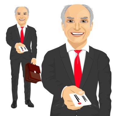 Kartvizit vererek evrak çantası ile üst düzey iş adamı