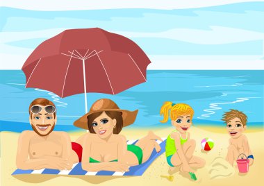Aile tropikal plaj rahatlatıcı ve tatile oynarken güneşlenme