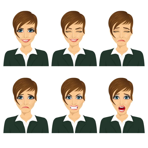 Joven mujer de negocios con diferentes expresiones faciales — Vector de stock