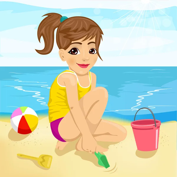 Мила дівчинка грає з піском на пляжі — стоковий вектор