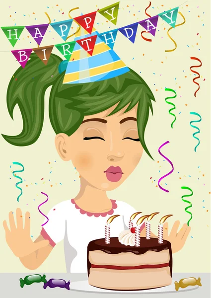 可爱的快乐女孩，庆祝她的生日蜡烛吹出巧克力和奶油蛋糕 — 图库矢量图片