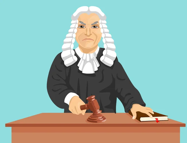 Juez enojado hace veredicto para la ley golpeando mazo — Vector de stock