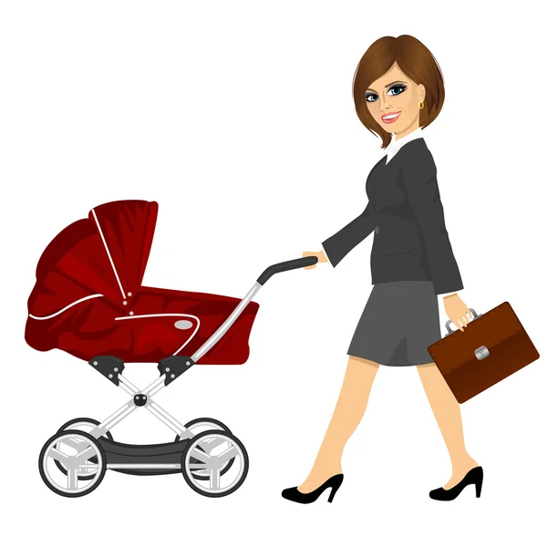 与公文包推婴儿车、 婴儿车或婴儿推车的女商人 — 图库矢量图片