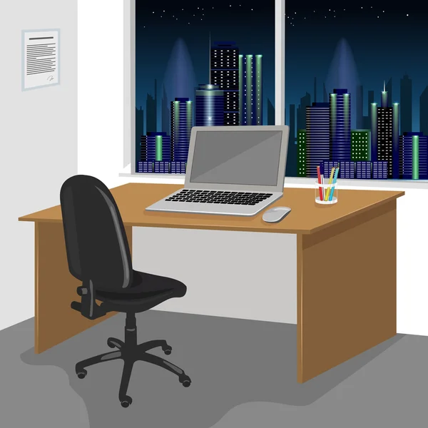 Interior da mesa de trabalho com um computador portátil e janela com paisagem noturna da cidade — Vetor de Stock