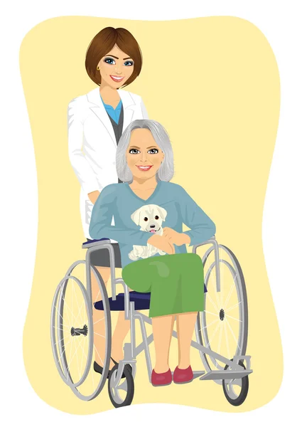 Beautiful young nurse pushing senior woman with cute labrador puppy in wheelchair — Stock Vector