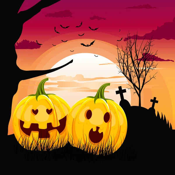 Dos calabazas en romántica luna llena noche de Halloween fecha — Vector de stock