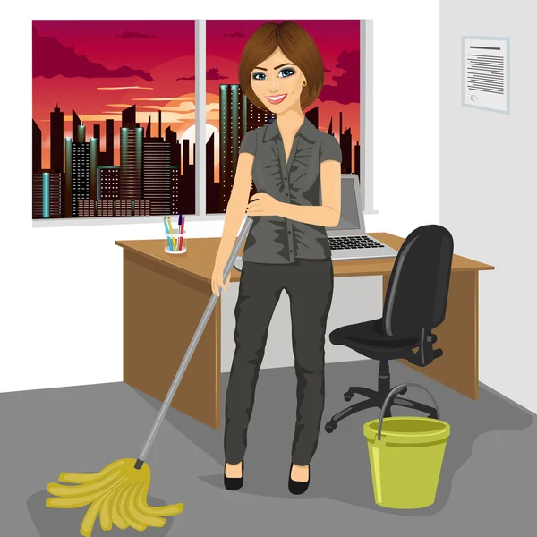 Jovem mulher esfregando chão com balde e esfregona no escritório — Vetor de Stock