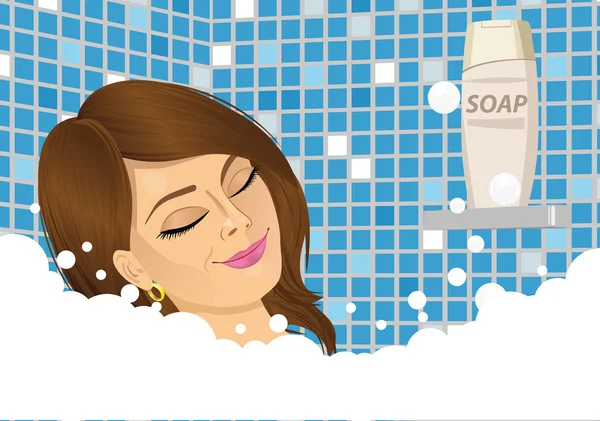 Jovem mulher tomando um banho de espuma com os olhos fechados —  Vetores de Stock