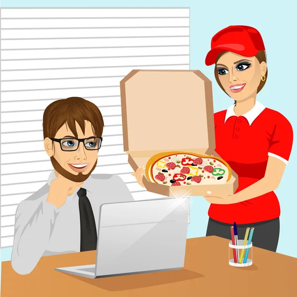 Милая доставка пиццы приносит пиццу молодому бизнесмену в офис — стоковый вектор