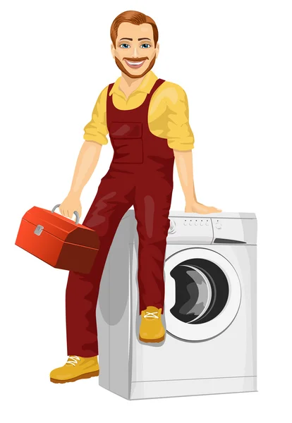 Reparatör innehar en verktygslåda som sitter på en tvättmaskin — Stock vektor
