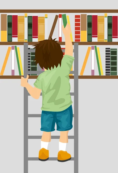 Niño tomando libro de estante con escalera en la biblioteca — Vector de stock