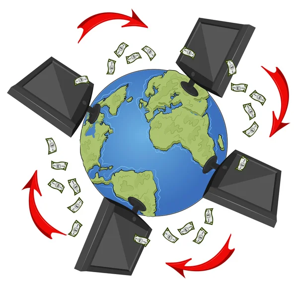 Conceito de rede com monitores, moeda internacional e setas voando ao redor da terra — Vetor de Stock