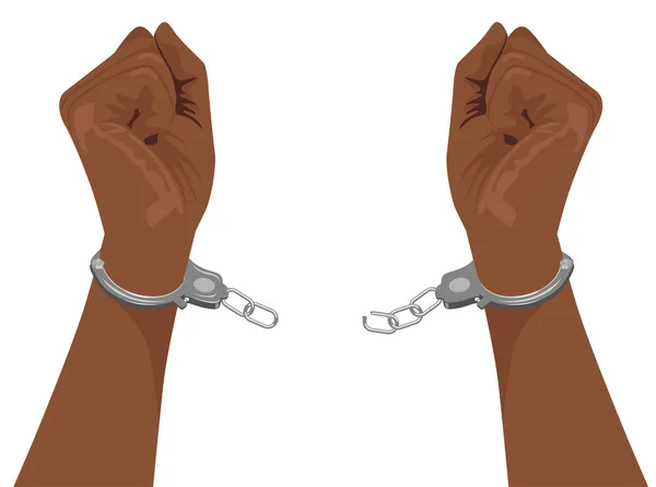 Hands of african american man breaking steel handcuffs — Stock Vector