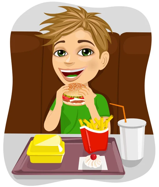Junge isst Burger mit Pommes — Stockvektor