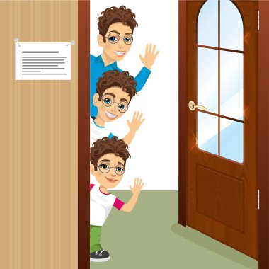 three brothers with glasses peeking of the door waving clipart