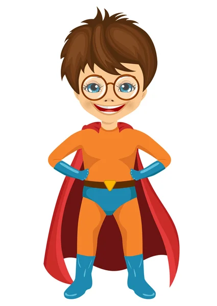 Niño pequeño con gafas vestidas con un disfraz de superhéroe — Vector de stock