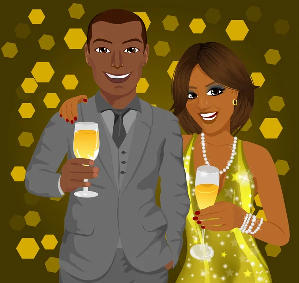 Hombre de negocios afroamericano y mujer elegante celebran con copas de vino en sus manos — Vector de stock