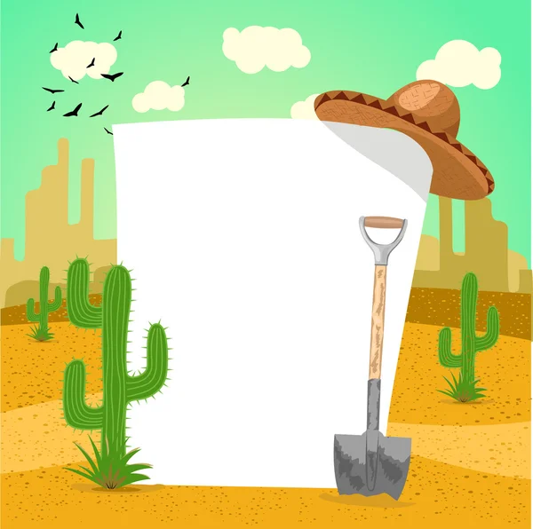 Tablero en blanco en desierto mexicano con cactus, pala y sombrero — Archivo Imágenes Vectoriales