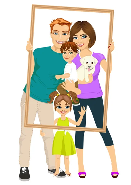 Famiglia sorridente con figlio, figlia e cane che guarda attraverso una cornice vuota — Vettoriale Stock