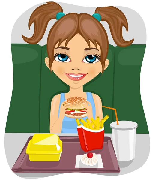 Jovem bonito menina comer hambúrguer com batatas fritas e coca —  Vetores de Stock