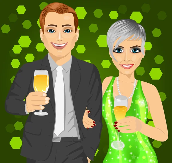 Festa corporativa. Homem de negócios e mulher elegante celebram com copos de vinho em suas mãos — Vetor de Stock
