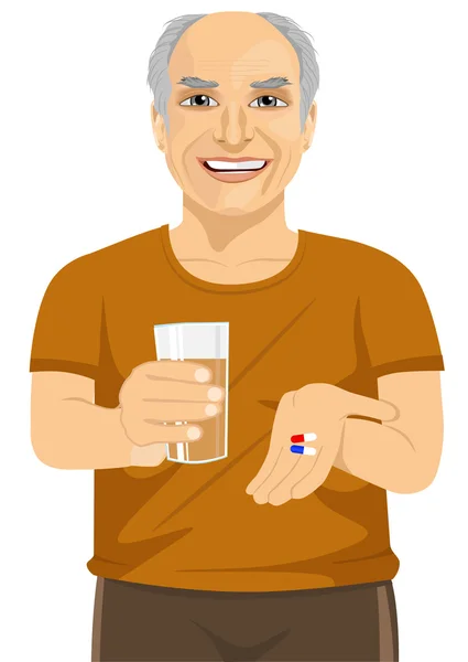 Anciano sosteniendo vaso de agua tomando píldoras vitamínicas — Archivo Imágenes Vectoriales