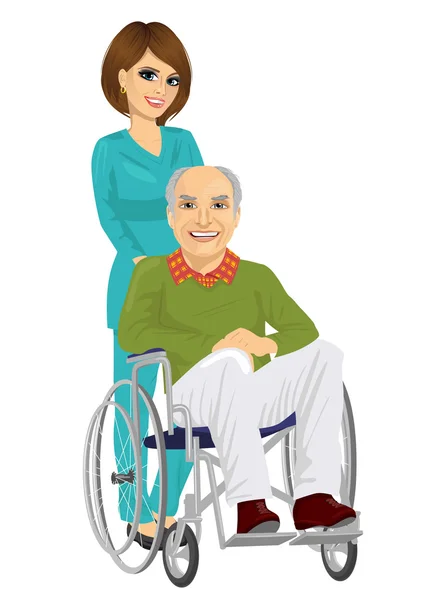Paciente mayor en silla de ruedas con hermosa enfermera joven — Archivo Imágenes Vectoriales