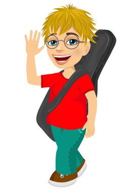 mutlu küçük çocuk gitarı ile yürüyüş