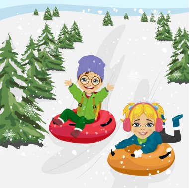 little boy and girl sliding down hill on tubes clipart